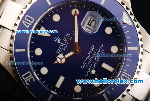 Rolex Submariner Oyster Perpetual Swiss ETA 2836 Automatic Movement Blue Dial with White Markers and Blue Ceramic Bezel - Click Image to Close